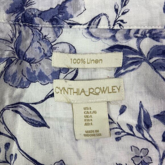 Cynthia Rowley Linen Blouse Top L Blue White Floral Roll Tab Sleeves Art to Wear - Picture 7 of 11